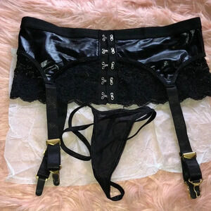 Black Pleather and Lace Garter Belt with Sheer Panties